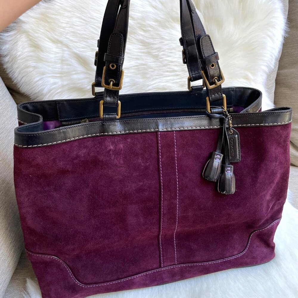 Coach Hamilton Eggplant Purple Suede Leather Carryall Tote Bag